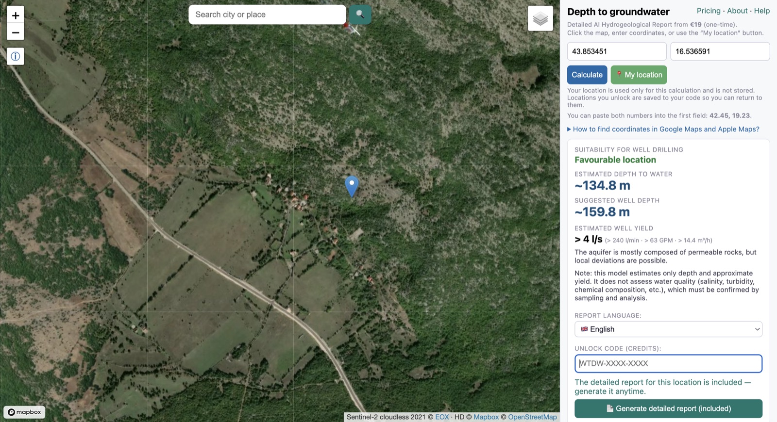 Interactive groundwater assessment map showing estimated groundwater depth, drilling potential and expected well productivity