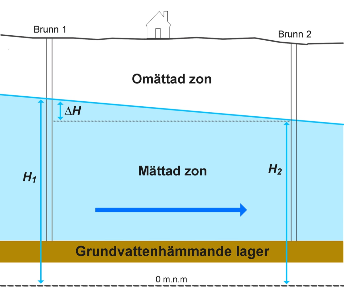 Tvärsnitt som visar grundvattennivån och två brunnar som vilar på en aquitard